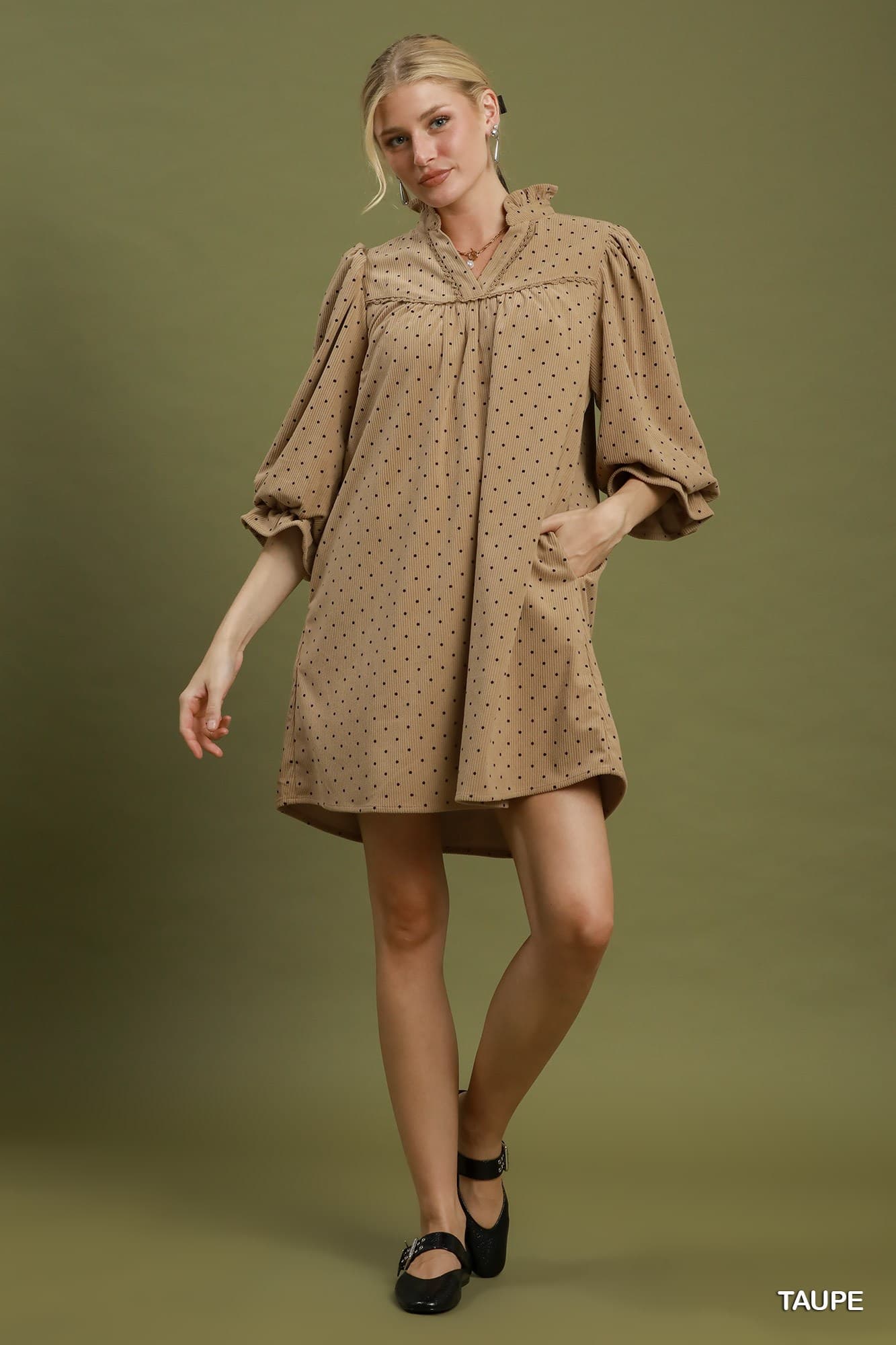 Umgee-Swiss Dot Ruffle Neck Babydoll Dress
