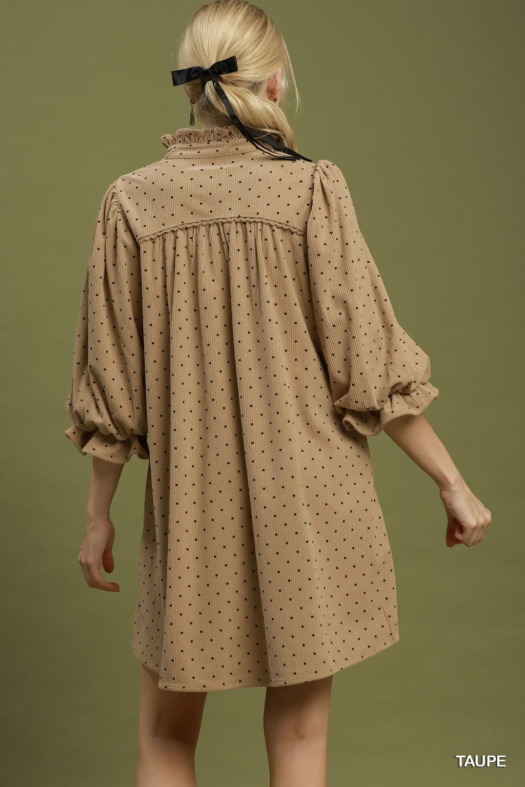 Umgee-Swiss Dot Ruffle Neck Babydoll Dress
