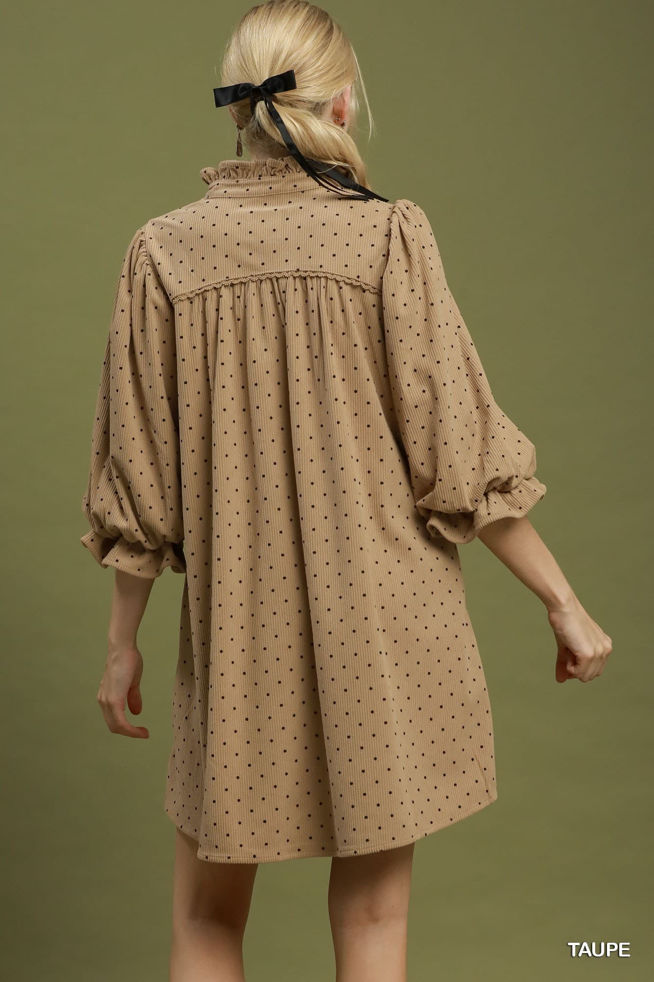 Umgee-Swiss Dot Ruffle Neck Babydoll Dress