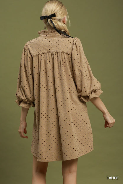 Umgee-Swiss Dot Ruffle Neck Babydoll Dress