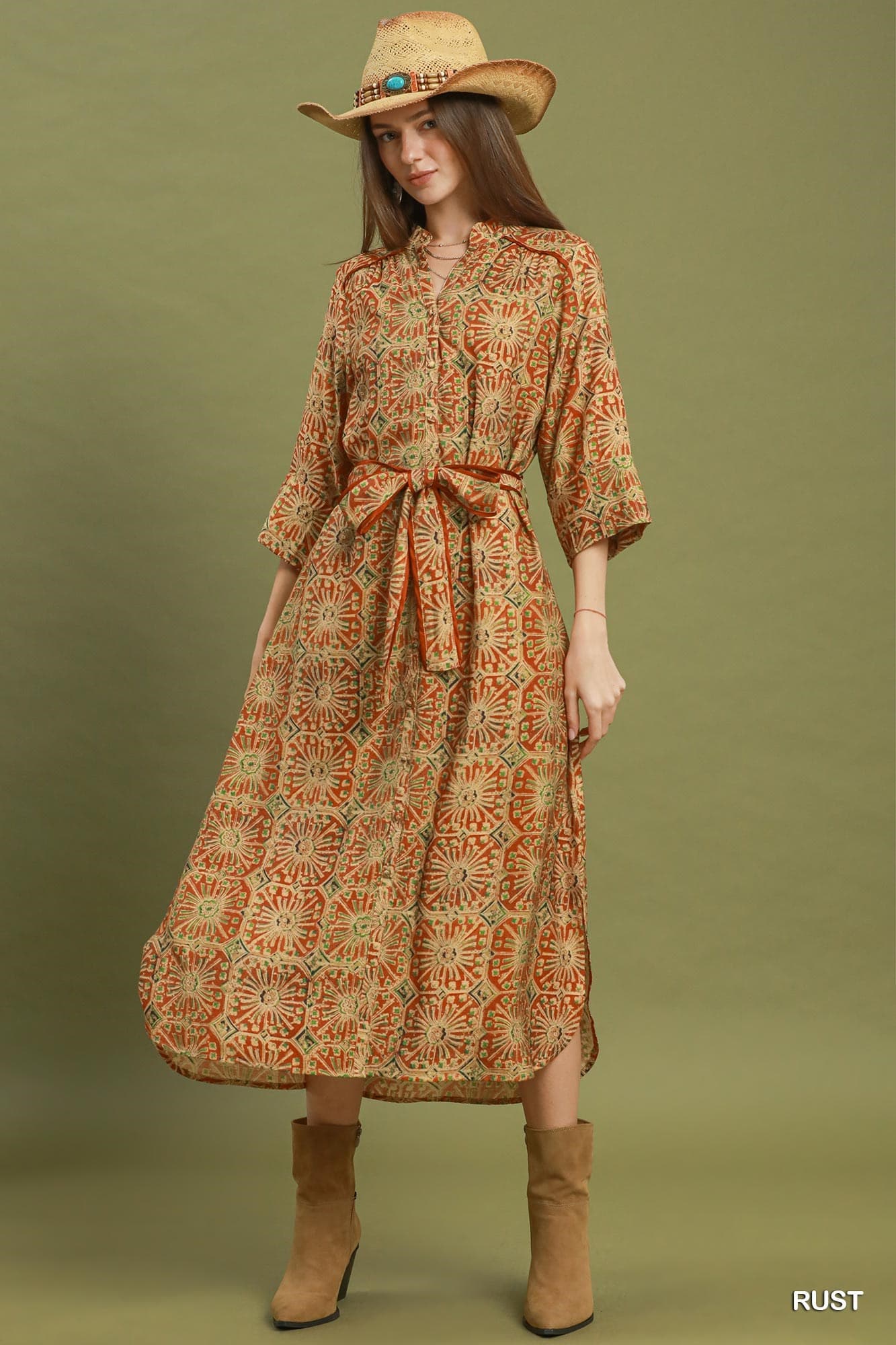 Umgee-Abstract Pint Button-Front Tie Waist Midi Dress