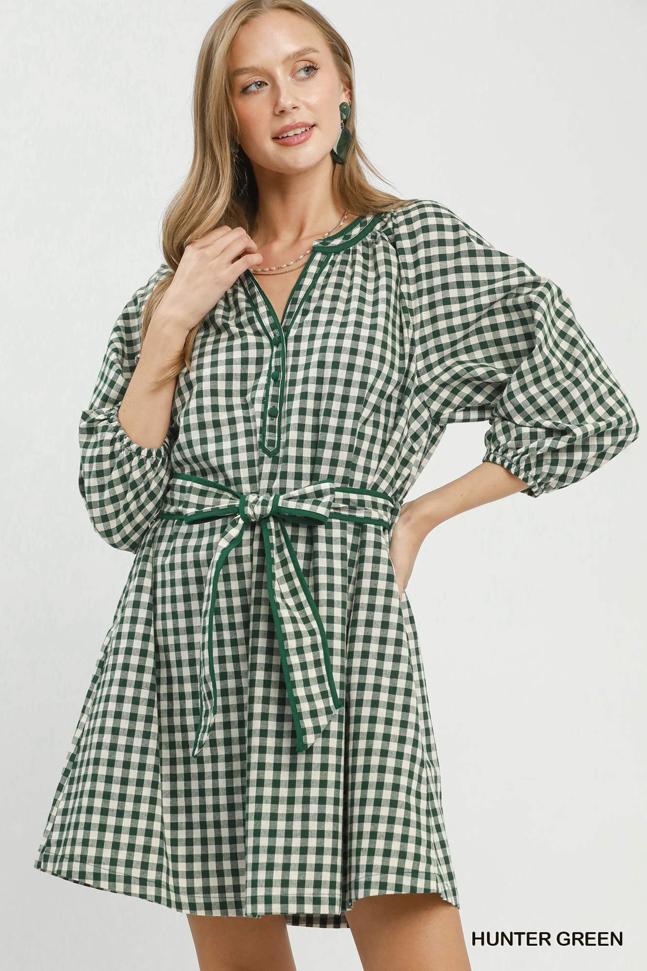 Umgee-Gingham Check Belted Puff Sleeve Dress