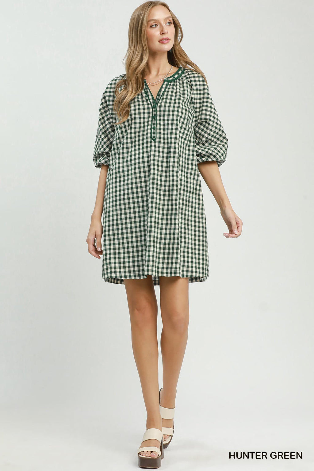 Umgee-Gingham Check Belted Puff Sleeve Dress