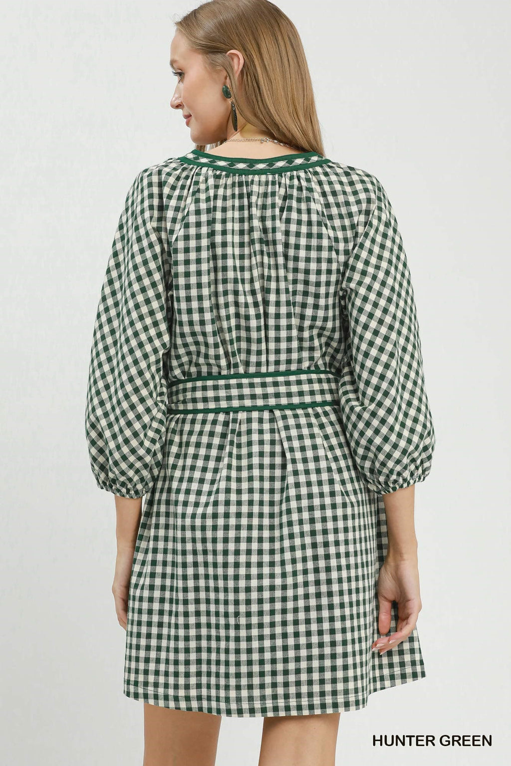 Umgee-Gingham Check Belted Puff Sleeve Dress