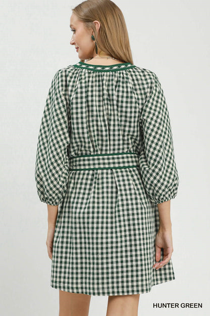 Umgee-Gingham Check Belted Puff Sleeve Dress