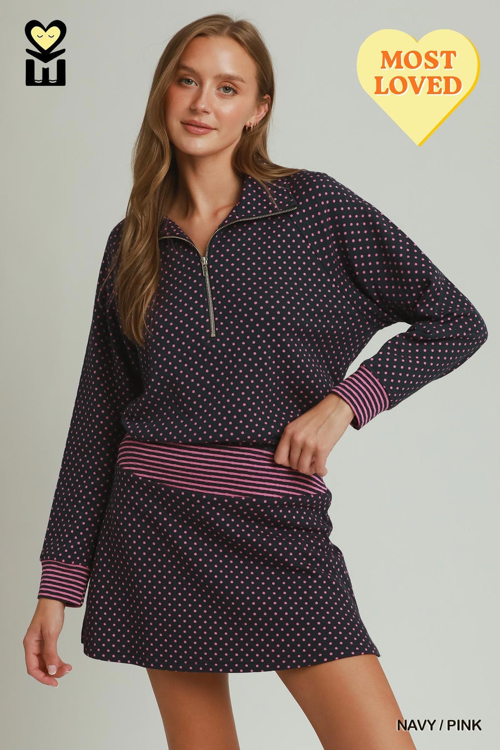 Umgee-Polka Dot Half Zip Pullover & Polka Dot Stripe-Waistband Skort