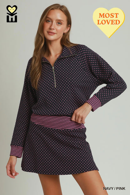 Umgee-Polka Dot Half Zip Pullover & Polka Dot Stripe-Waistband Skort