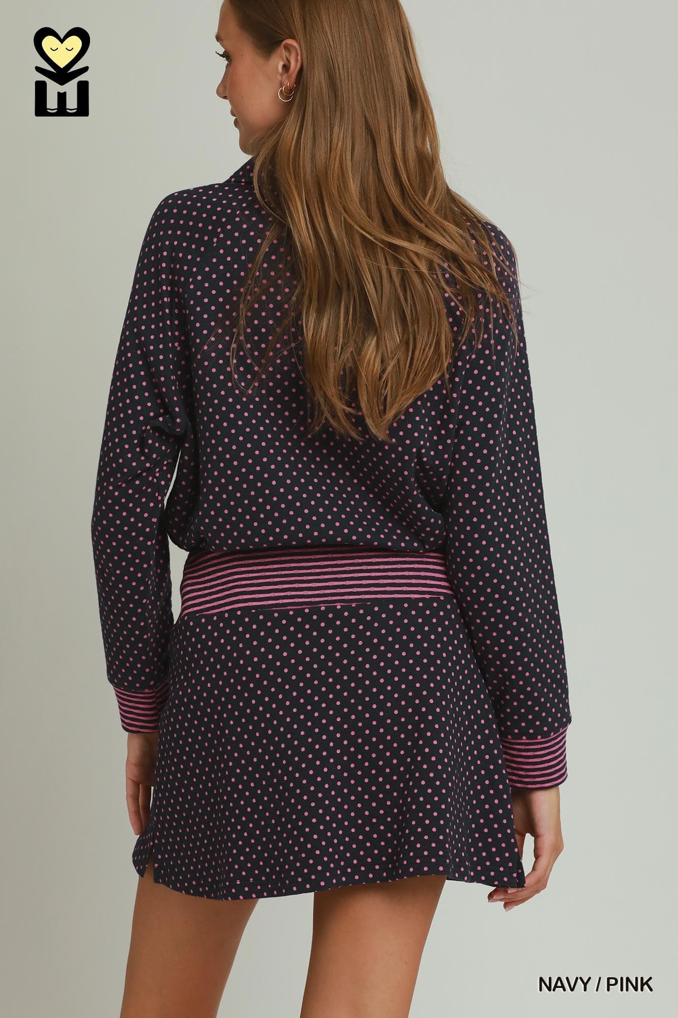 Umgee-Polka Dot Half Zip Pullover & Polka Dot Stripe-Waistband Skort
