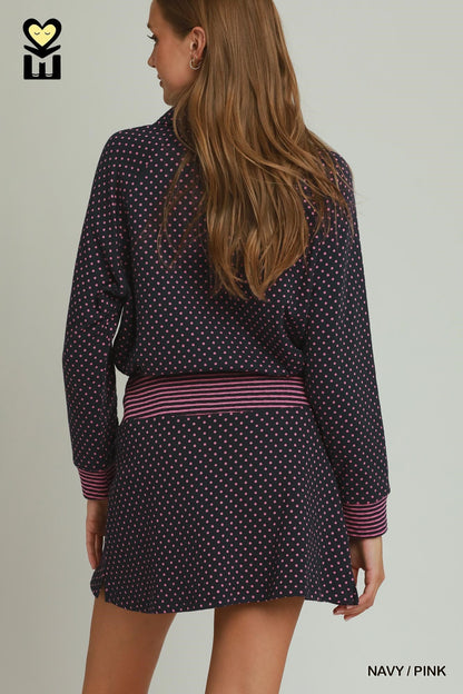 Umgee-Polka Dot Half Zip Pullover & Polka Dot Stripe-Waistband Skort