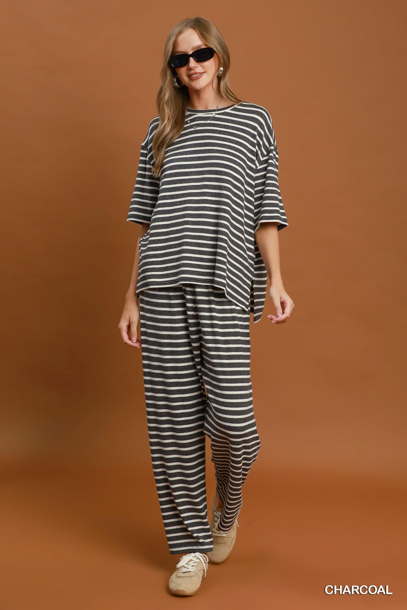 Umgee-Striped Mock Neck Dolman Set