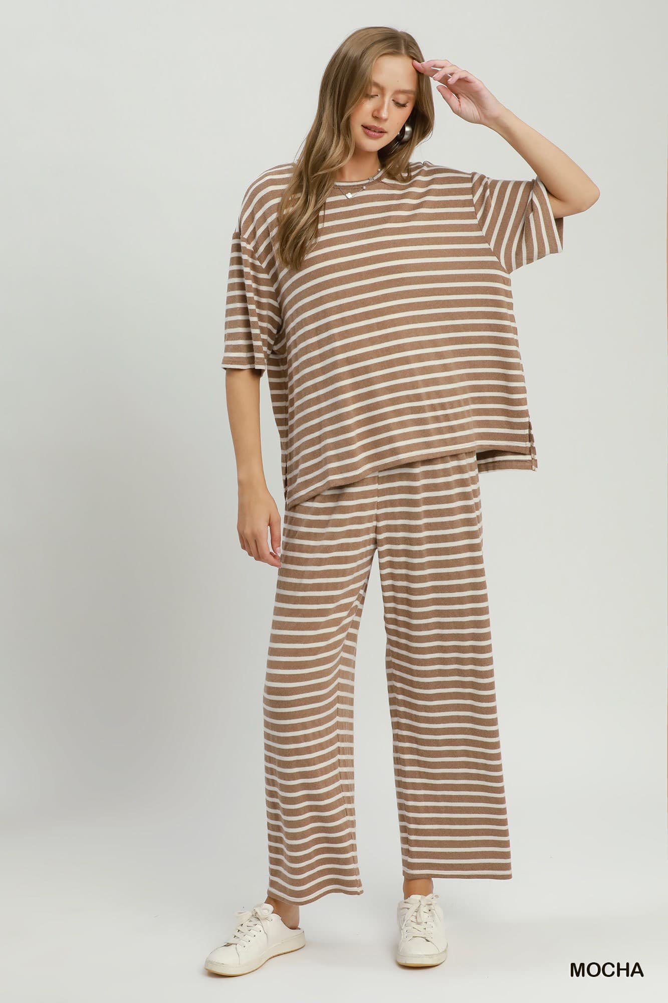 Umgee-Striped Mock Neck Dolman Set