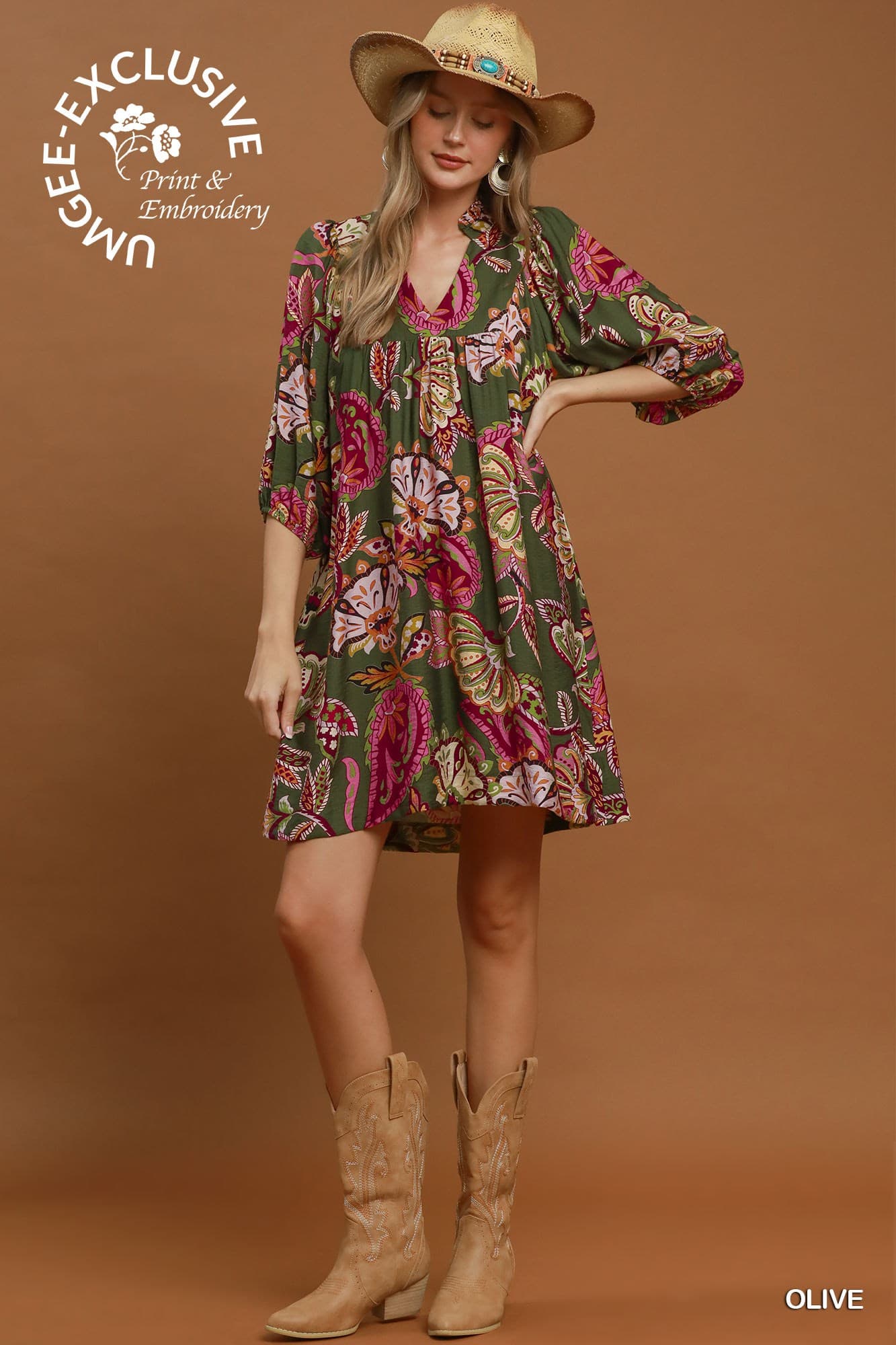 Umgee-Abstract Print Puff Sleeve Babydoll Dress