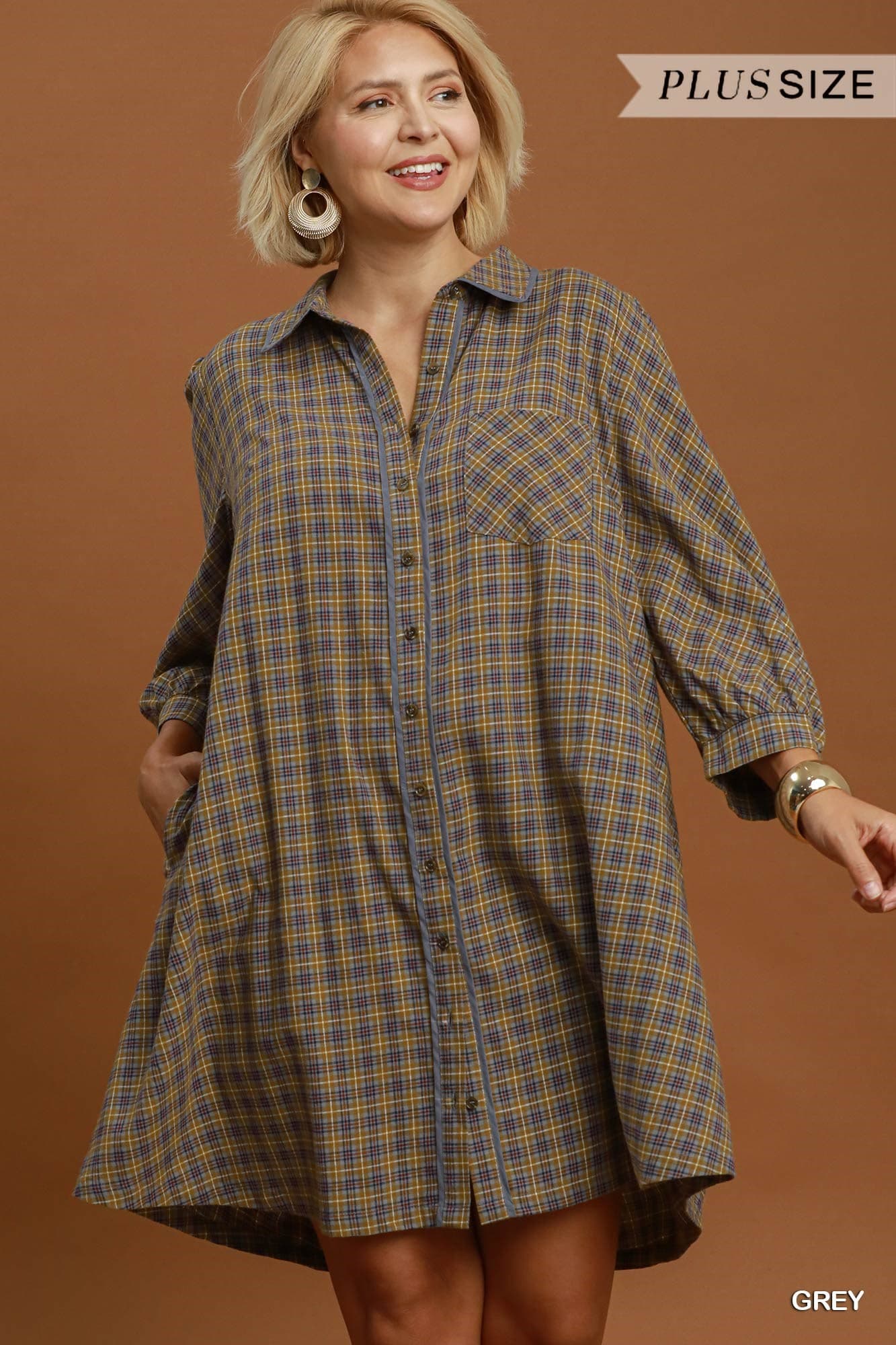 Umgee-Plus Size Plaid Button Down Oversized Shirt Dress