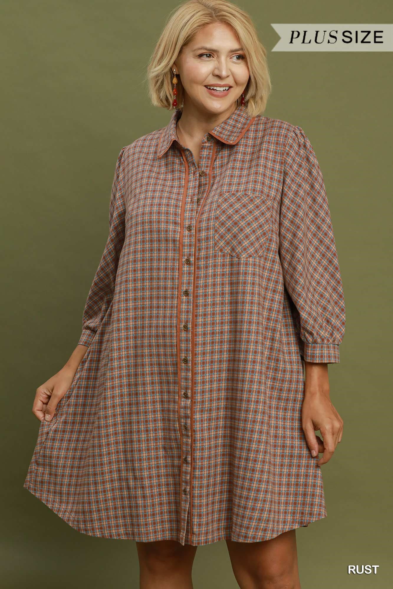 Umgee-Plus Size Plaid Button Down Oversized Shirt Dress