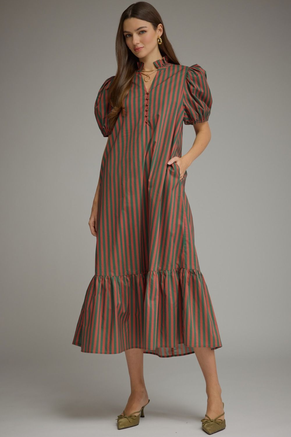 Entro-Stripe shirt puff sleeve midi dress.