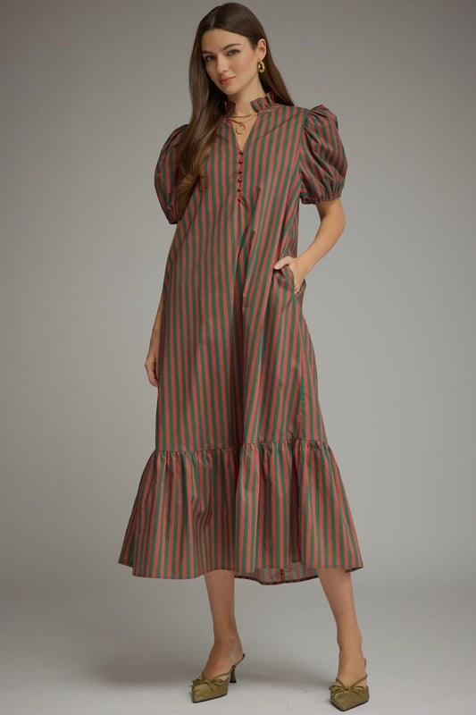 Entro-Stripe short puff sleeve midi dress.