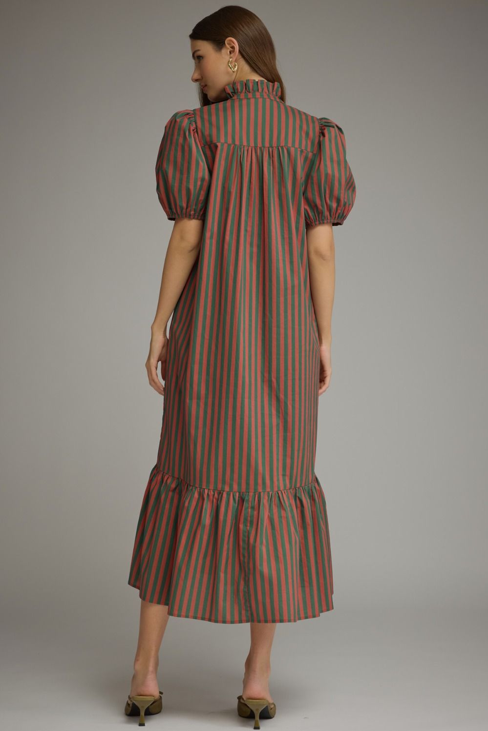 Entro-Stripe shirt puff sleeve midi dress.
