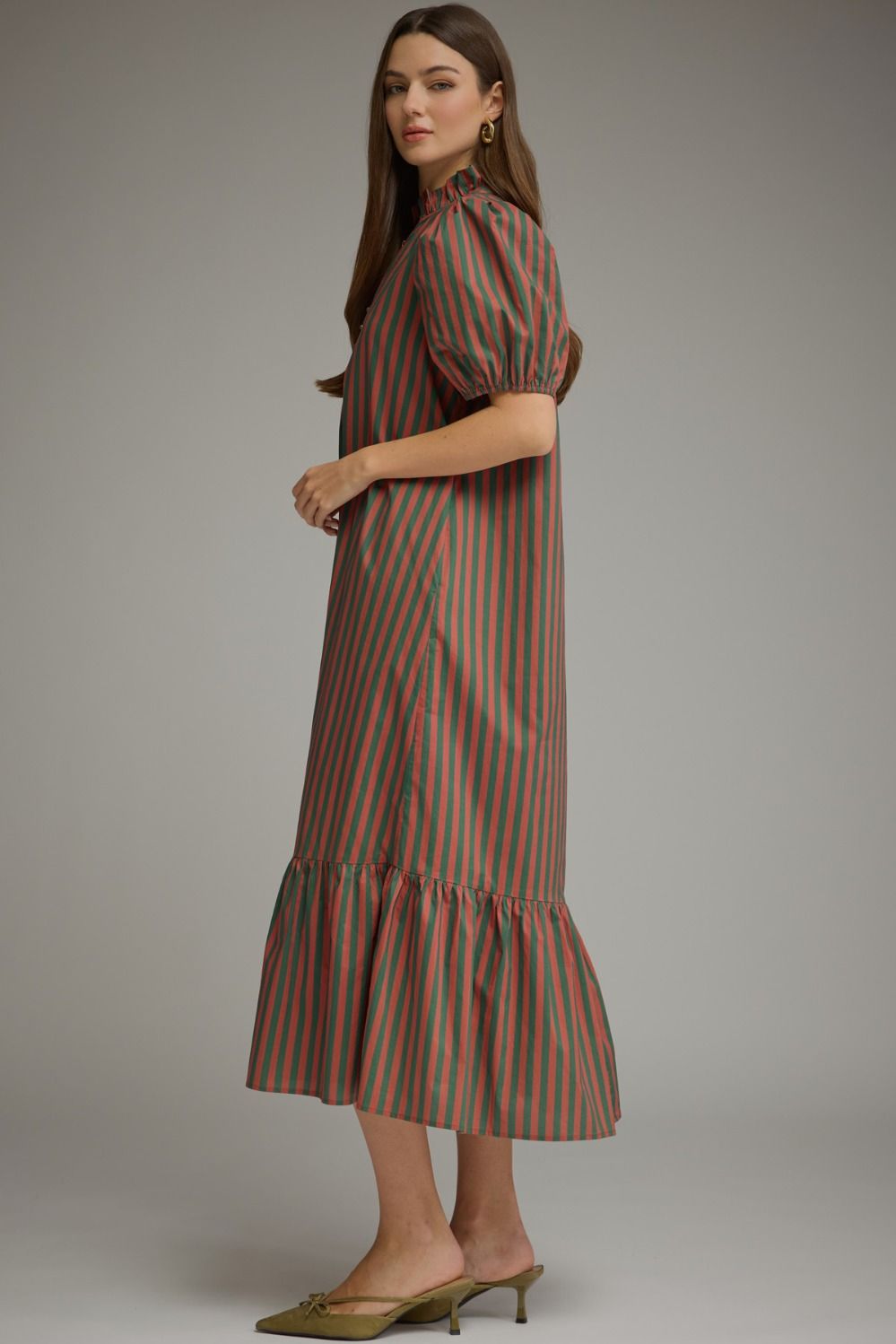 Entro-Stripe shirt puff sleeve midi dress.