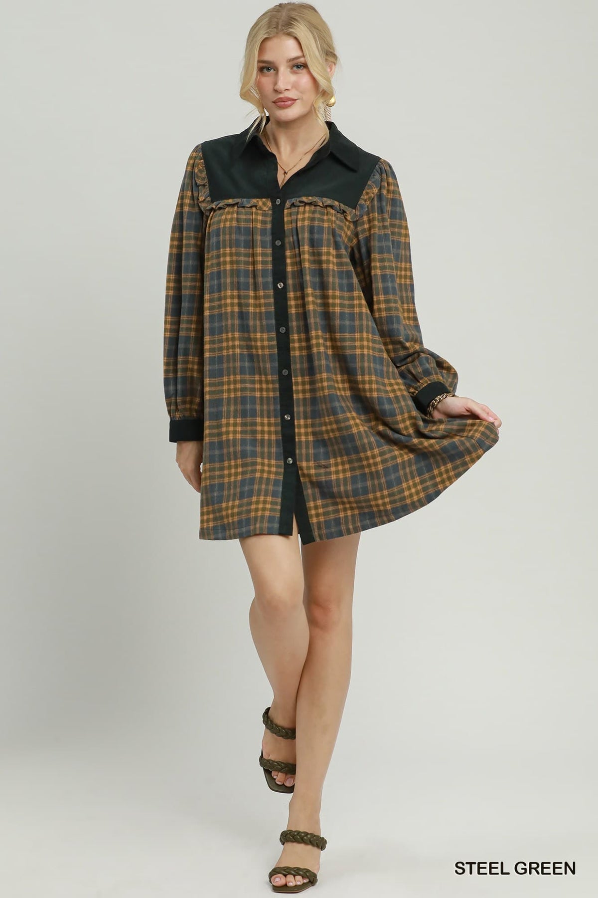Umgee-Plaid Corduroy Button Down Shirt Dress