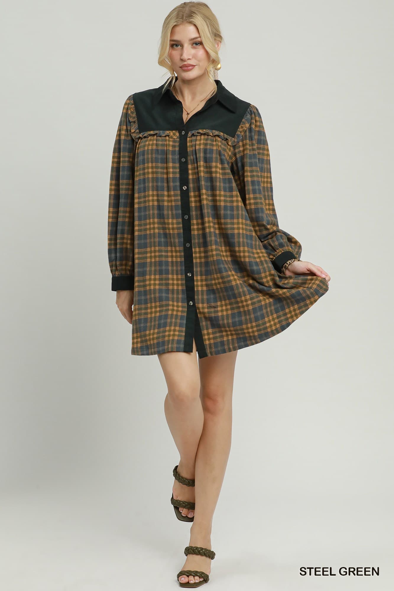 Umgee-Plaid Corduroy Button Down Shirt Dress