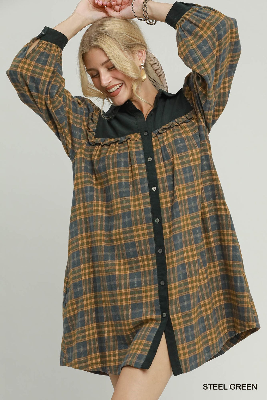 Umgee-Plaid Corduroy Button Down Shirt Dress