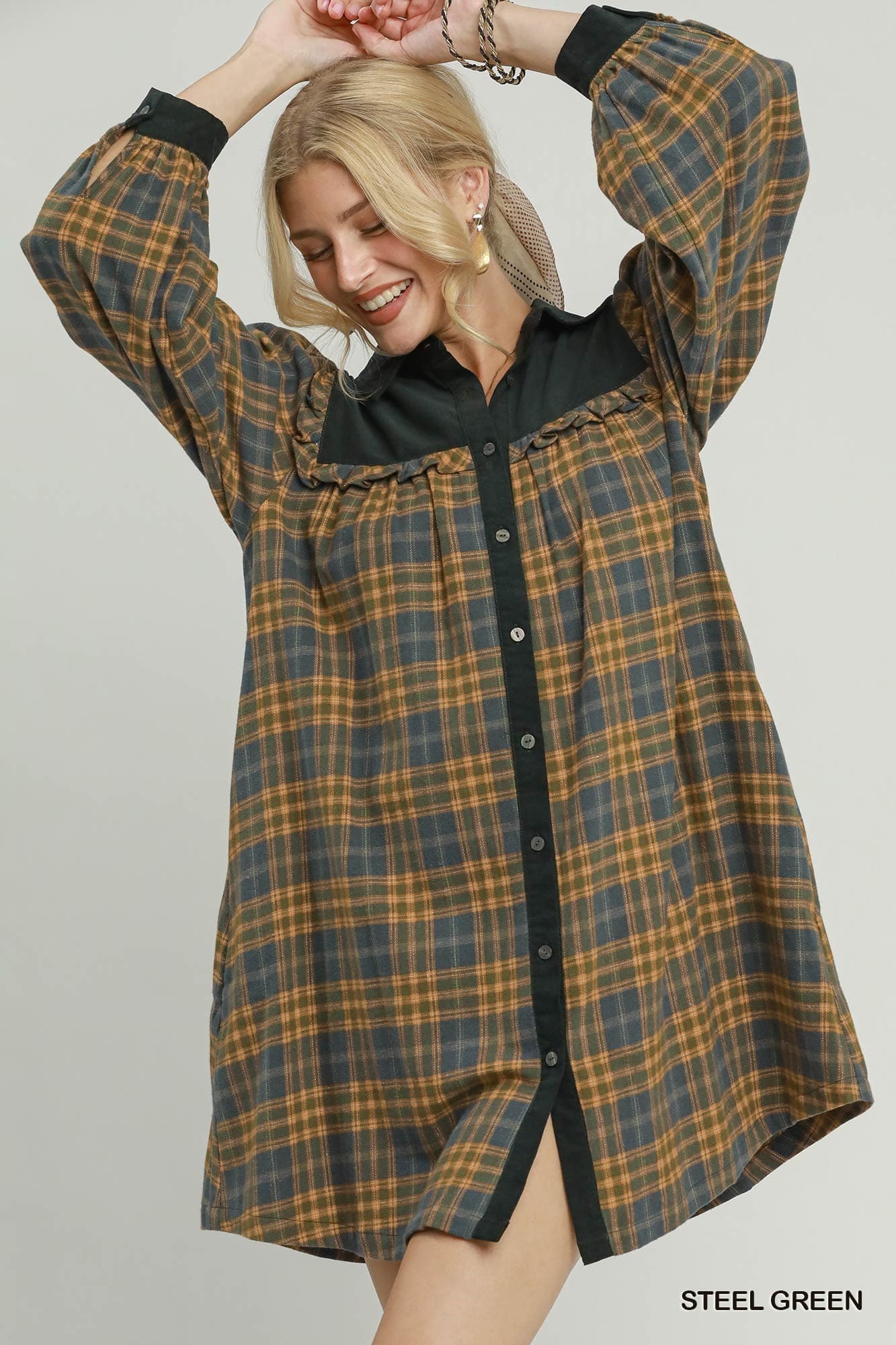 Umgee-Plaid Corduroy Button Down Shirt Dress