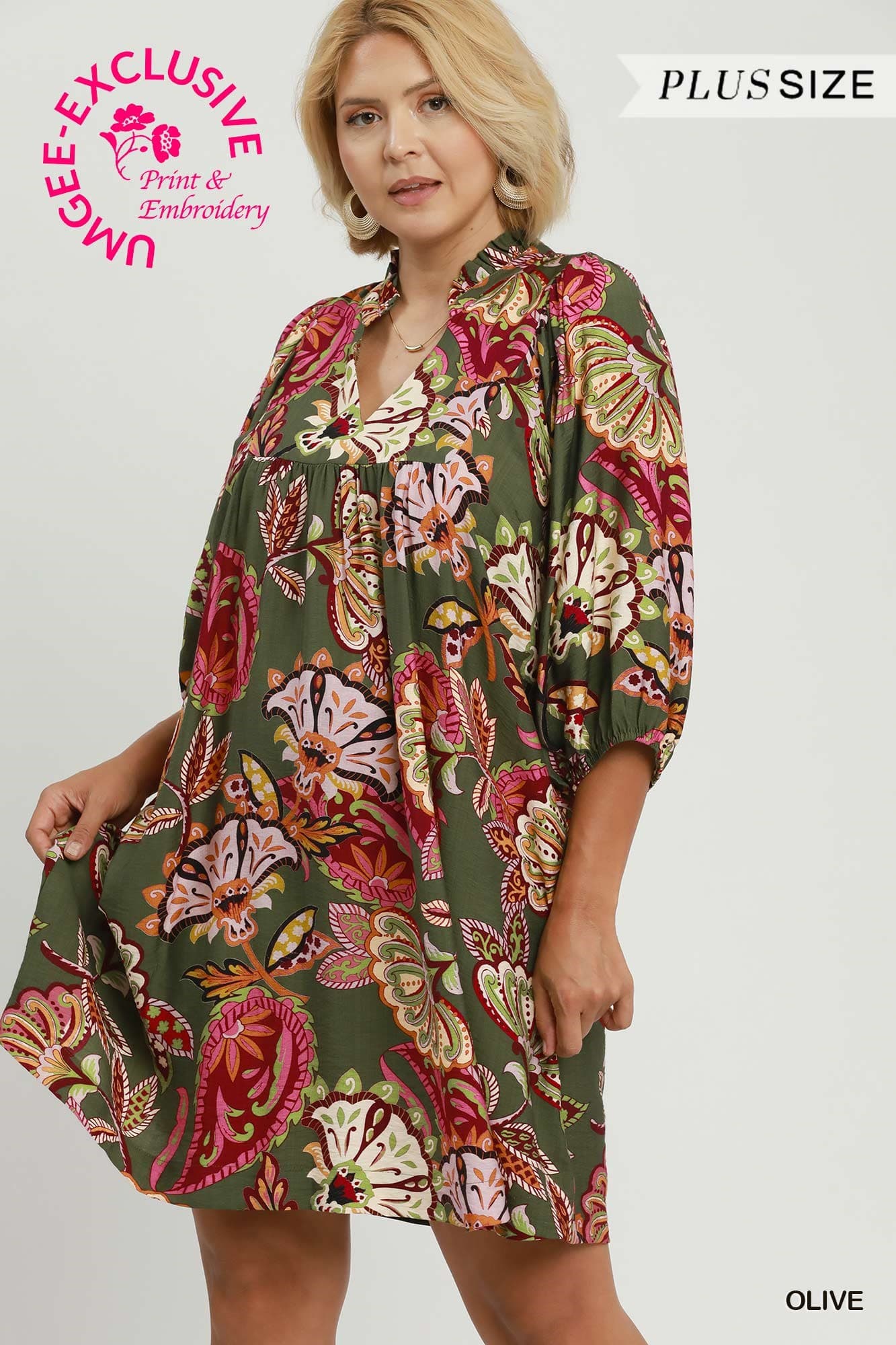 Umgee-Abstract Print Puff Sleeve Babydoll Dress