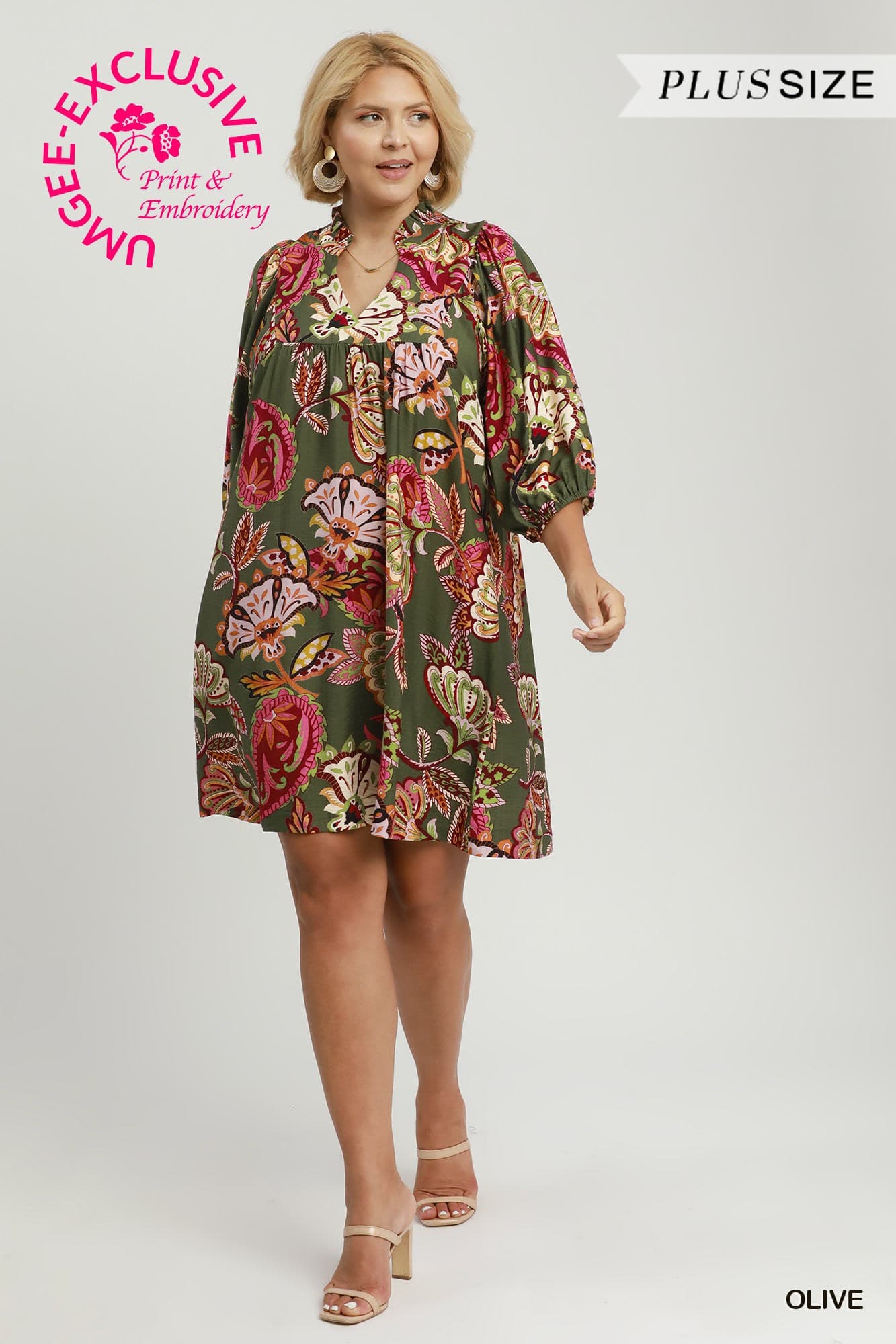 Umgee-Abstract Print Puff Sleeve Babydoll Dress