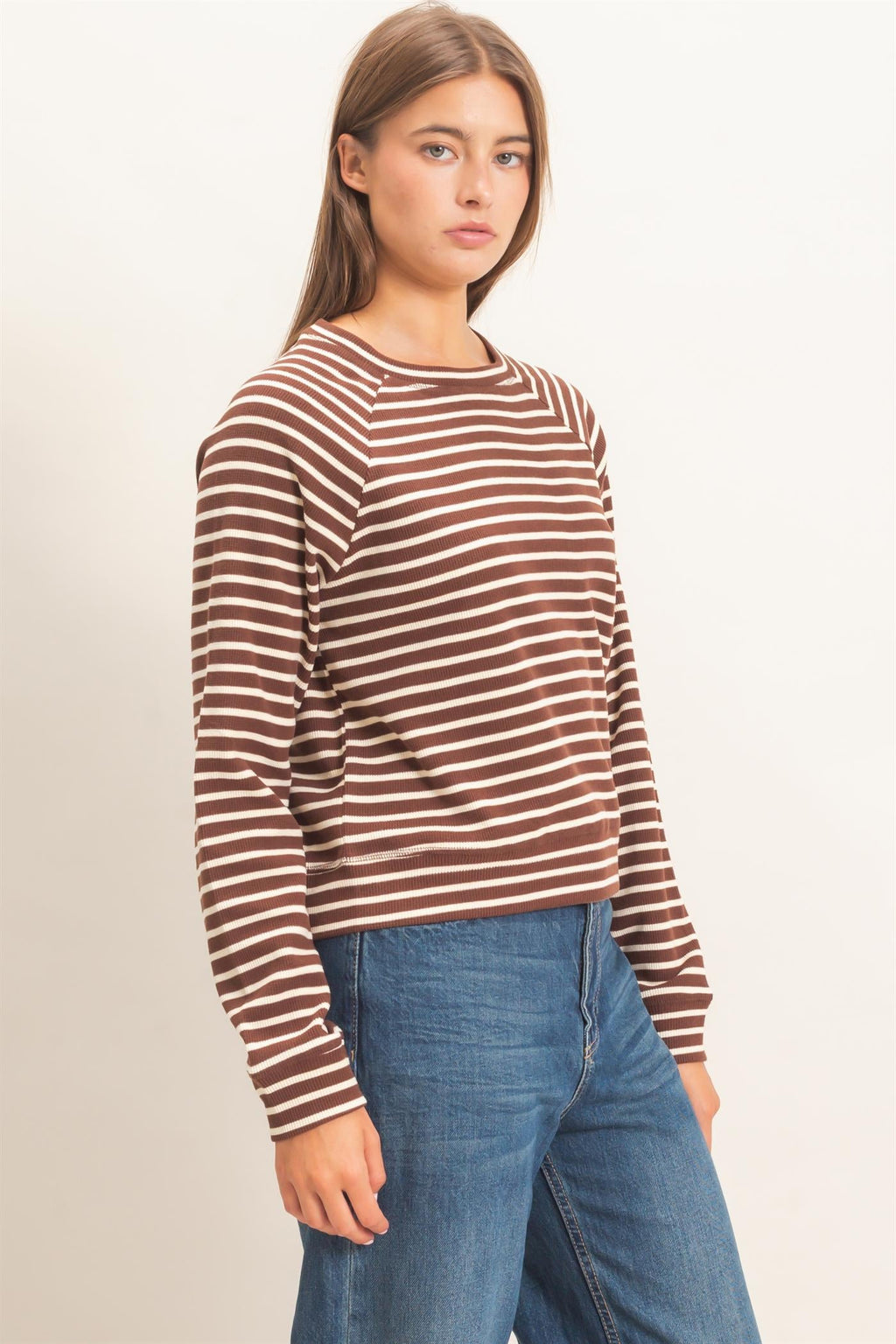 DZ-Striped Waffle Knit Raglan Top