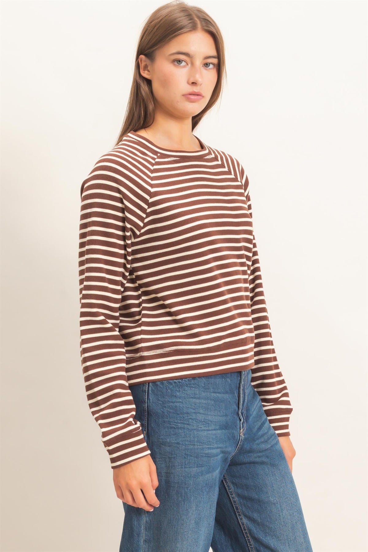 DZ-Striped Waffle Knit Raglan Top