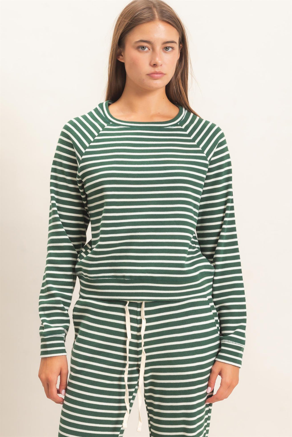 DZ-Striped Waffle Knit Raglan Top