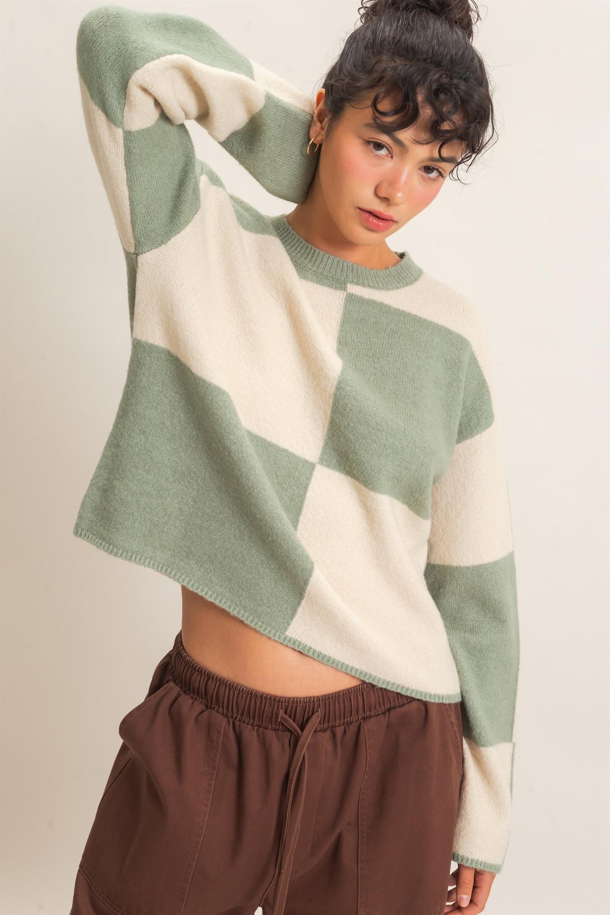DZ-Crew Neck Checkered Sweater