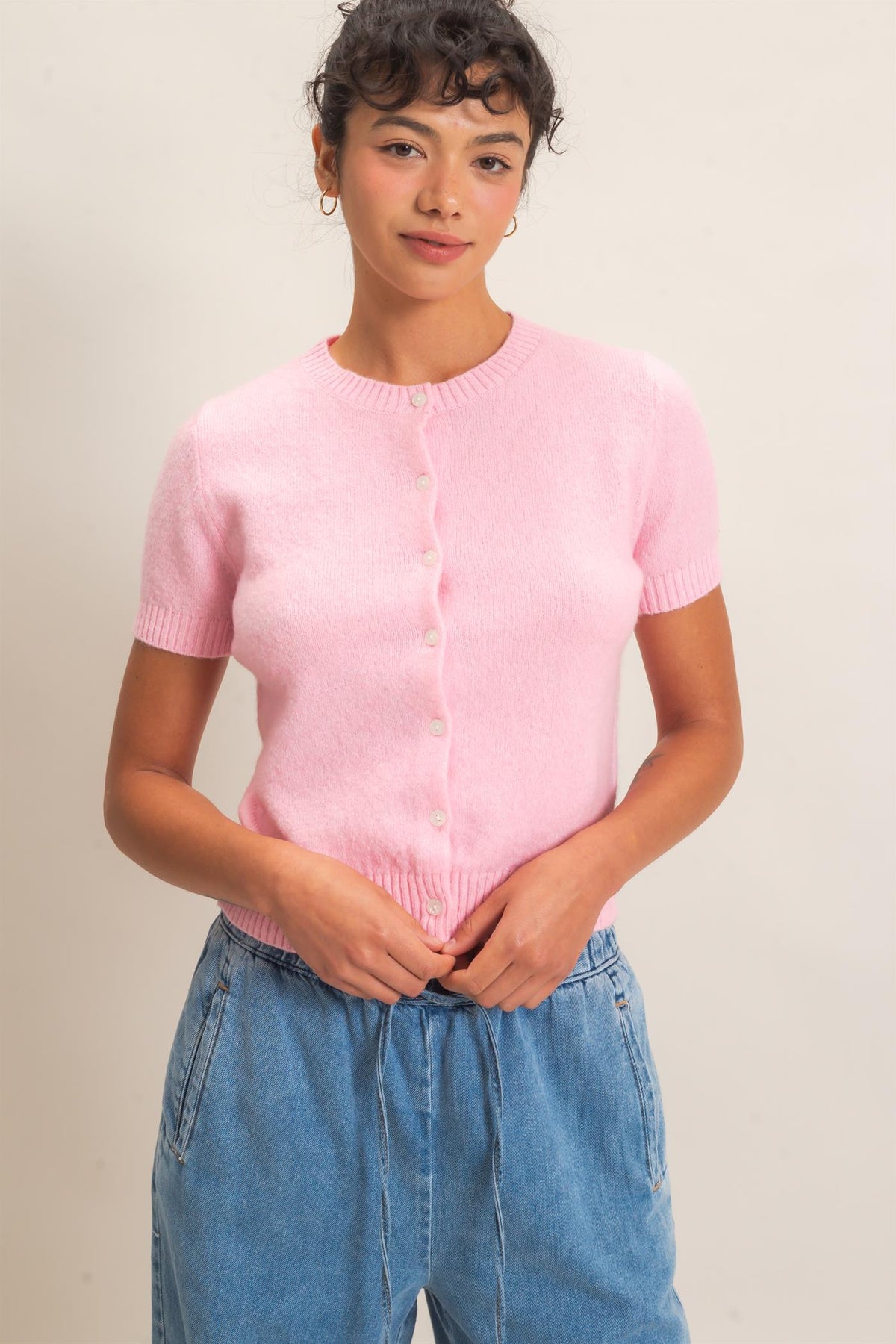 DZ-Crew Neck Short Sleeve Cardigan