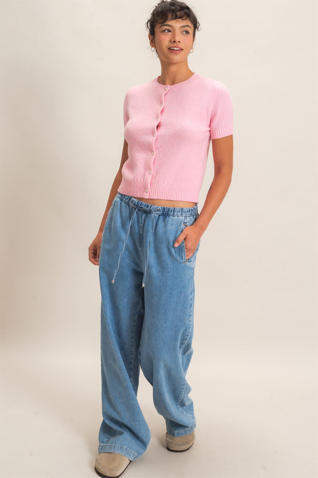 DZ-Crew Neck Short Sleeve Cardigan