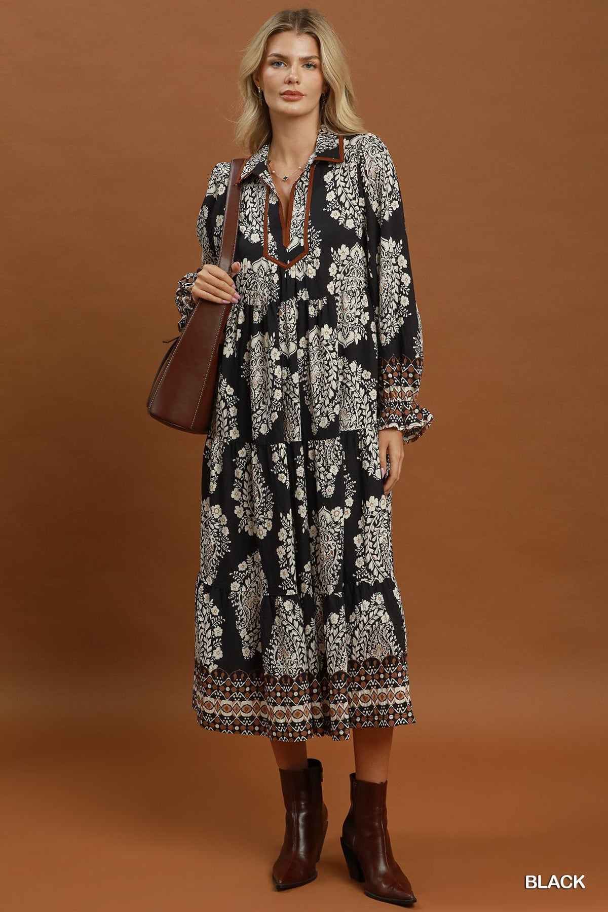 Umgee- Paisley Print Tiered Midi Dress