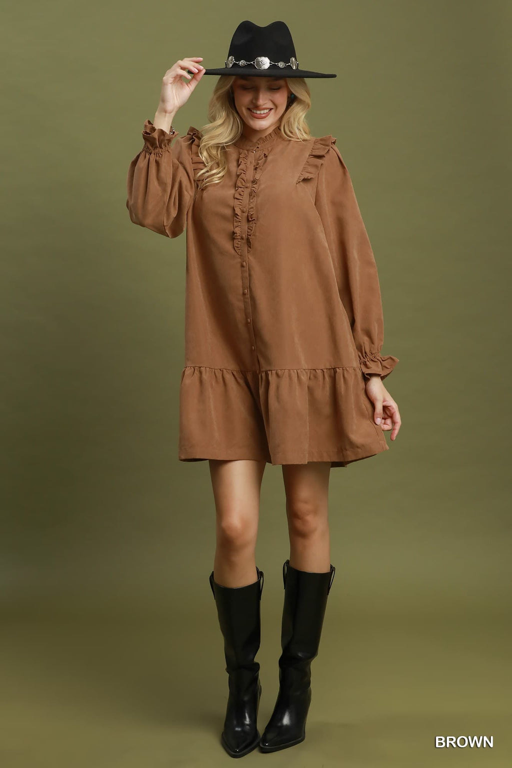 Umgee-Ruffle Detail Button Front Drop Waist Dress