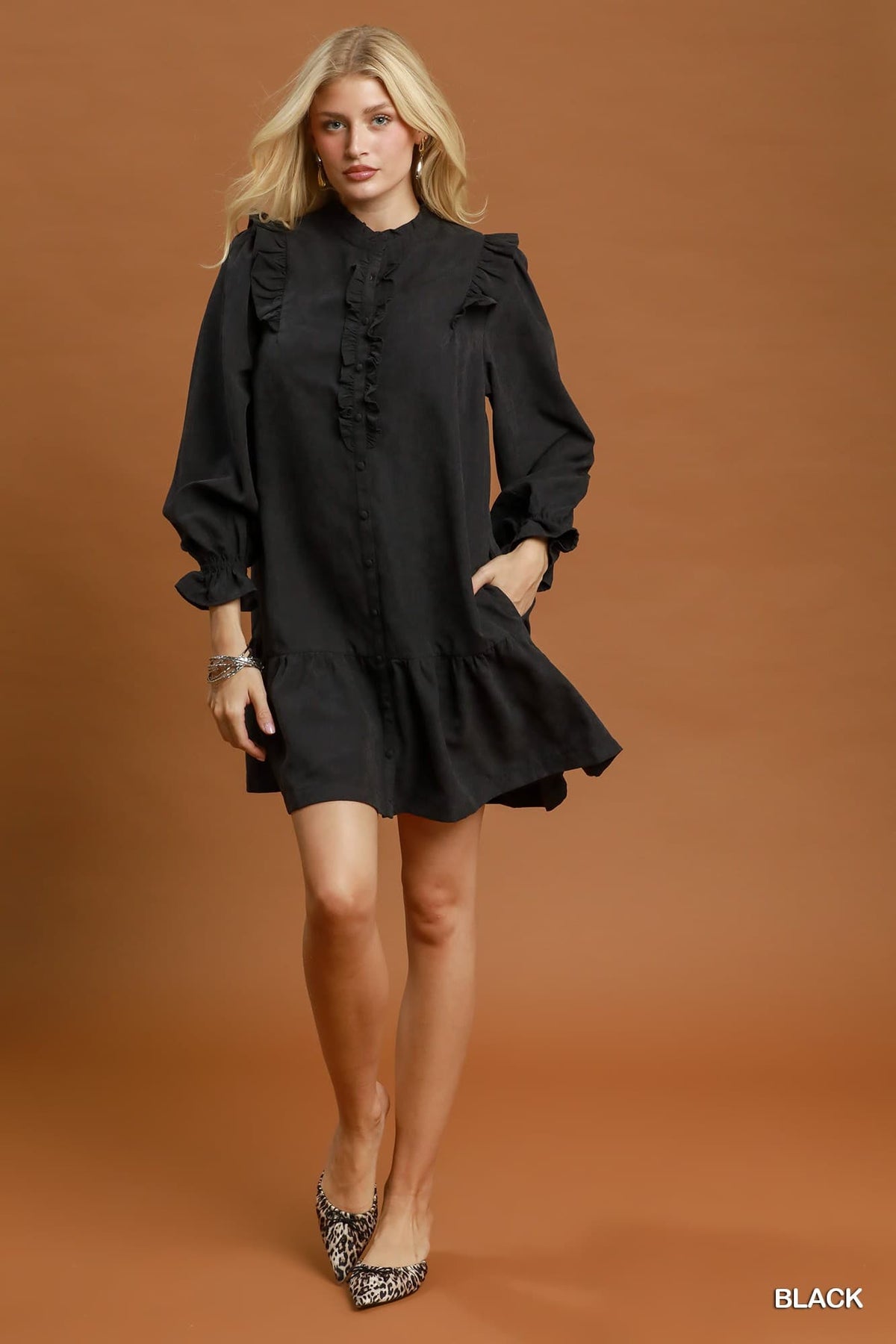 Umgee-Ruffle Detail Button Front Drop Waist Dress
