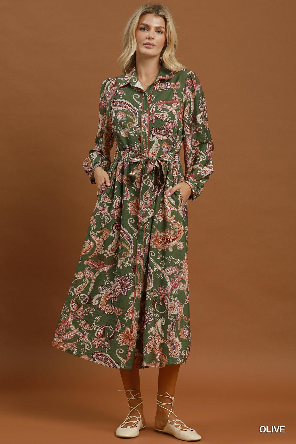 Umgee-Paisley Print Button-Down Belted Midi Shirt Dress