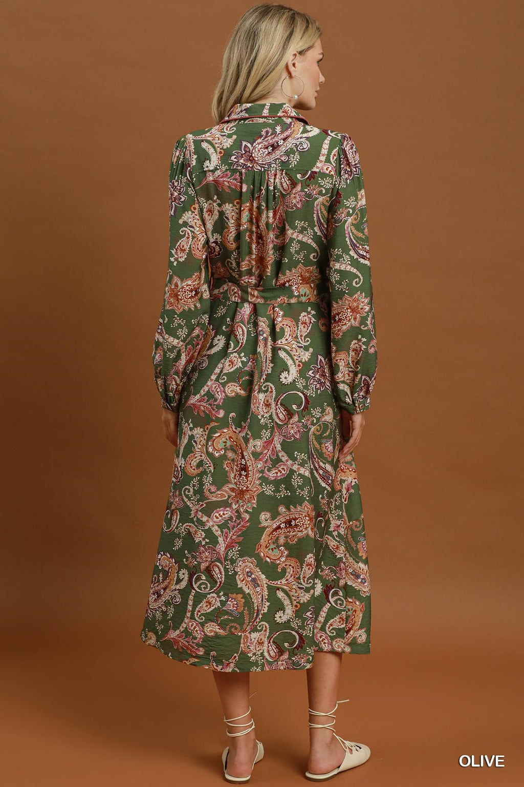 Umgee-Paisley Print Button-Down Belted Midi Shirt Dress