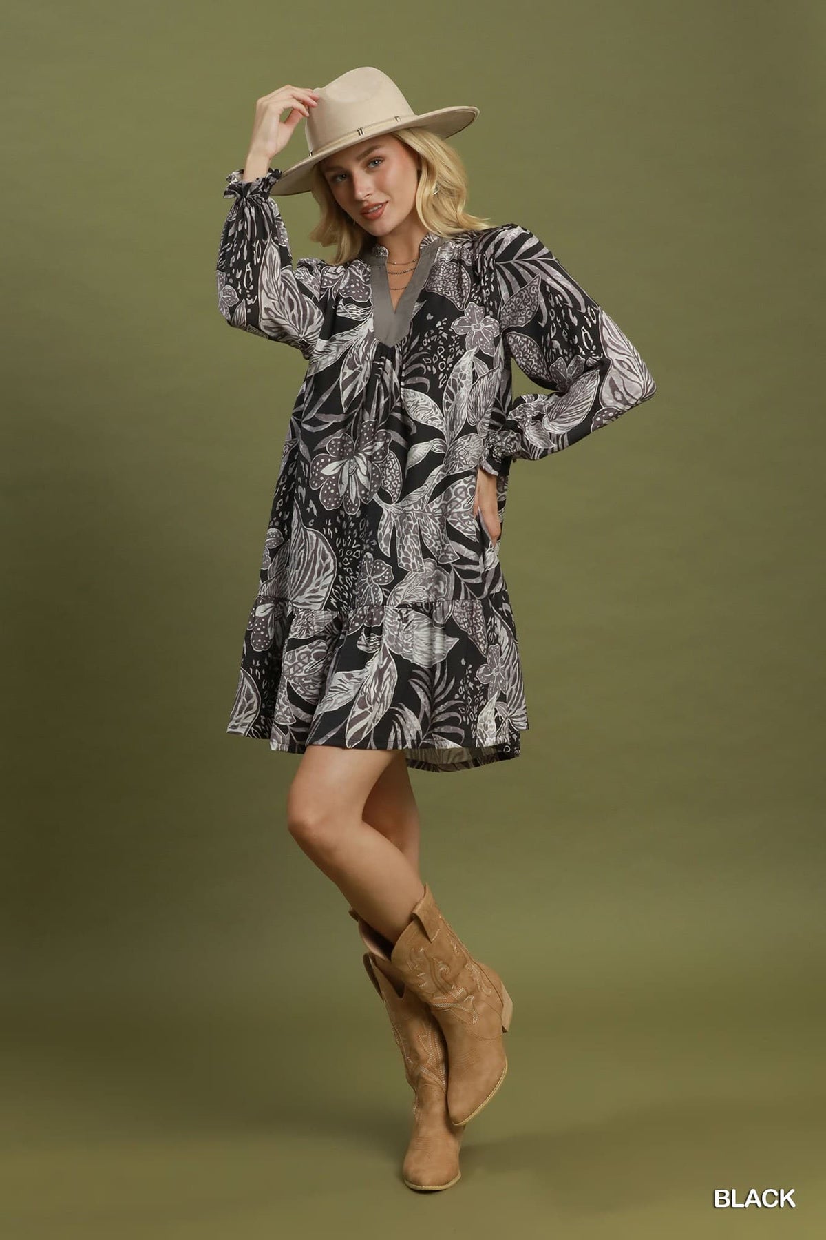Umgee-Botanical Floral Print Ruffle Hem Dress