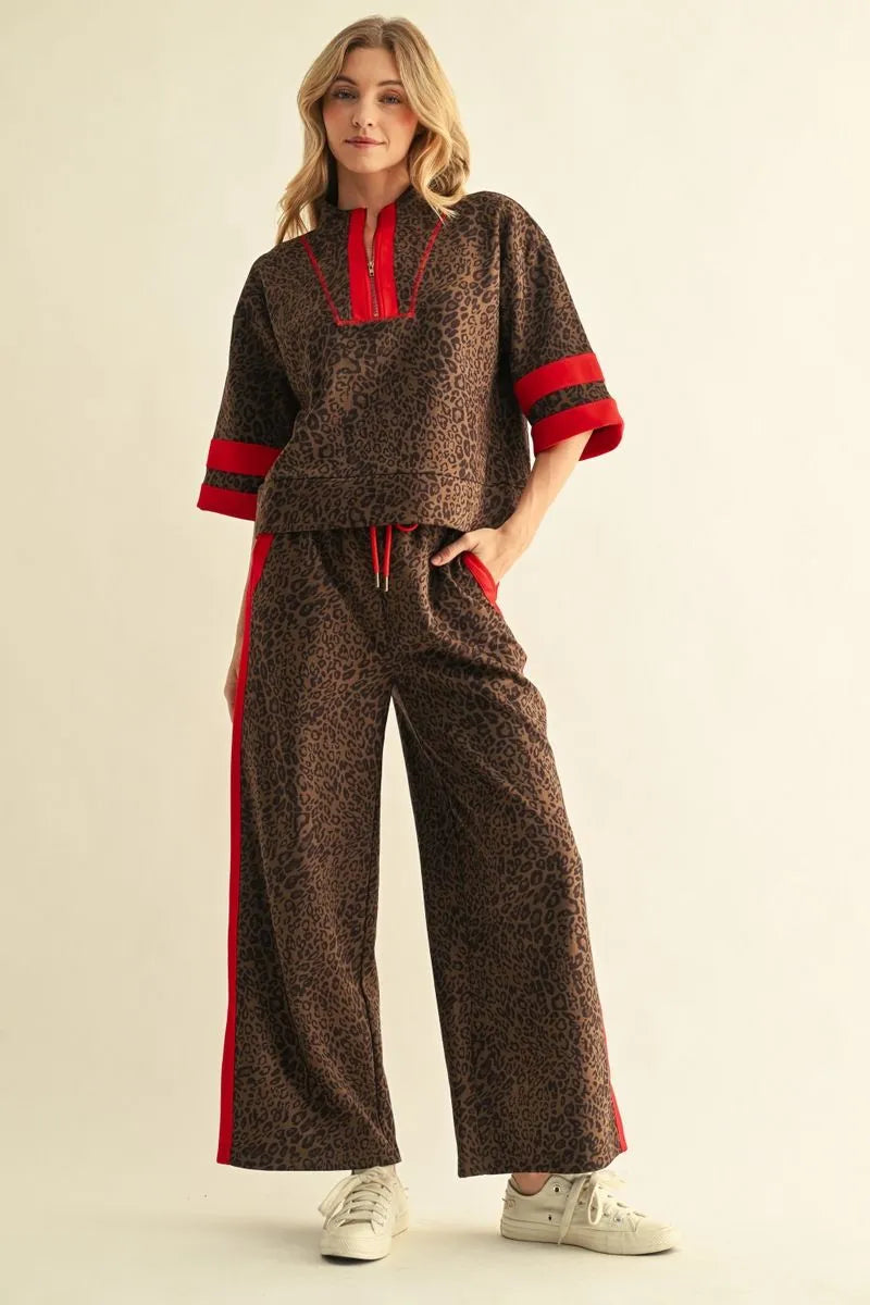 Jodifl-Half sleeves front zip up leopard top with matching pants