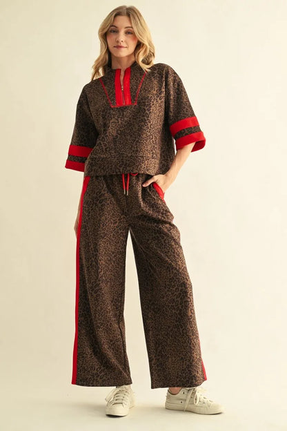 Jodifl-Half sleeves front zip up leopard top with matching pants