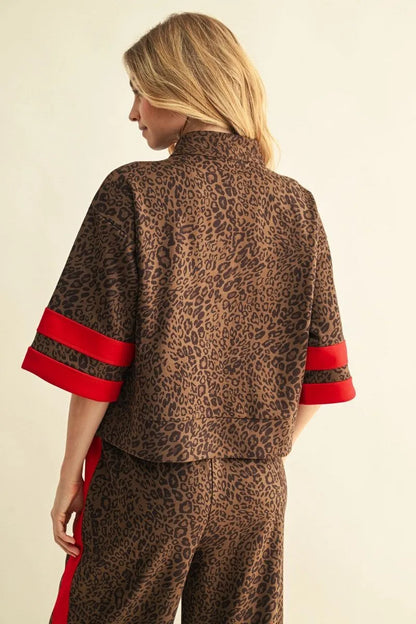 Jodifl-Half sleeves front zip up leopard top with matching pants