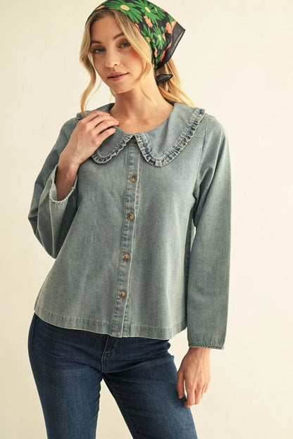 Jodifl-Long sleeves button down washed denim top with ruffled Peter pan collar.