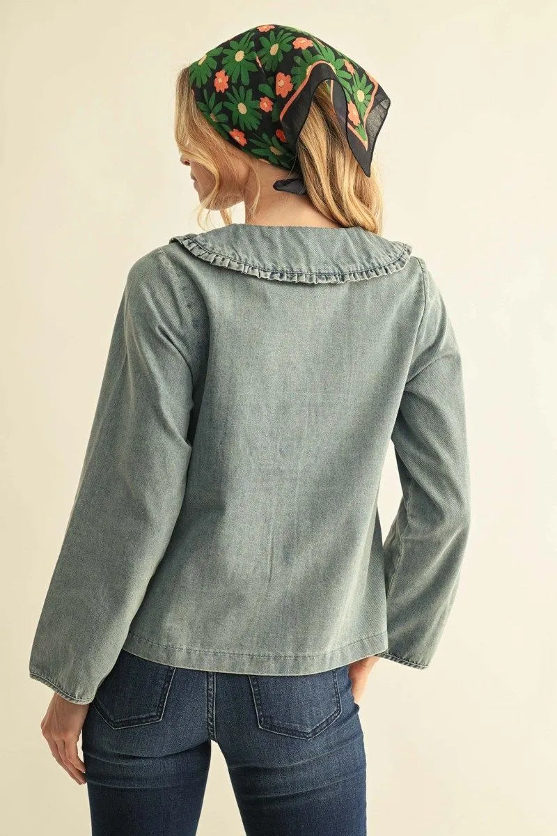 Jodifl-Long sleeves button down washed denim top with ruffled Peter pan collar.