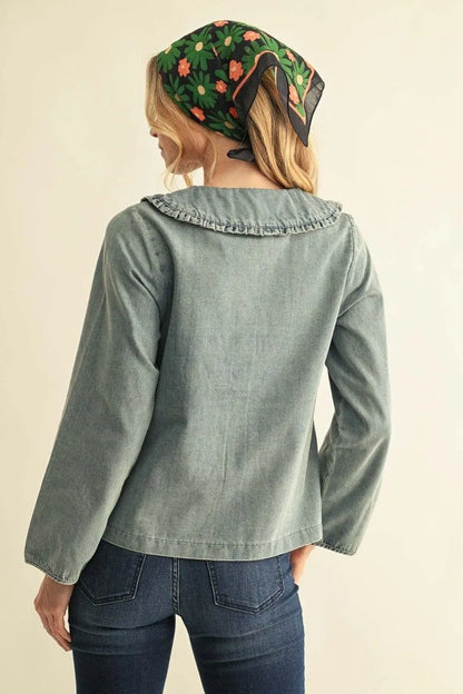 Jodifl-Long sleeves button down washed denim top with ruffled Peter pan collar.