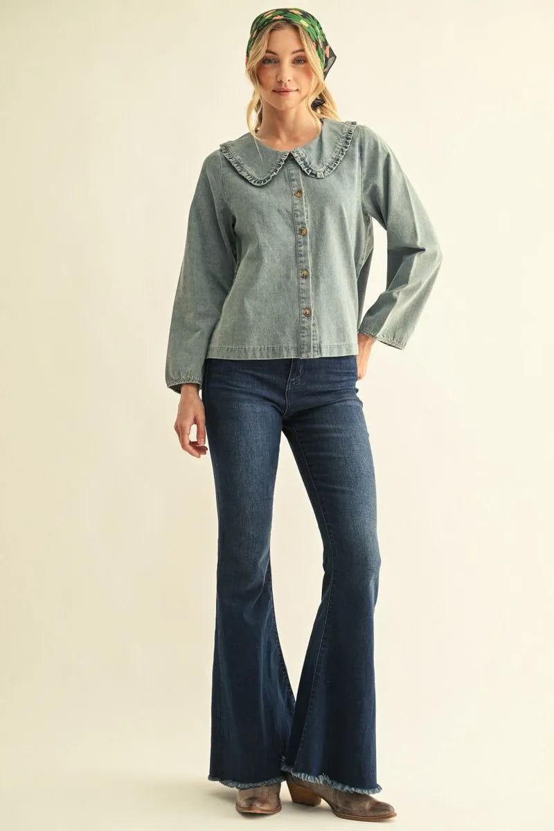 Jodifl-Long sleeves button down washed denim top with ruffled Peter pan collar.