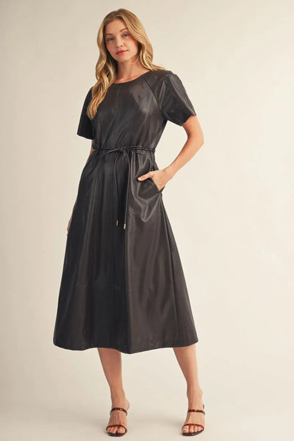 Jodifl-Short sleeves faux leather midi dress with waist tie, side pockets.