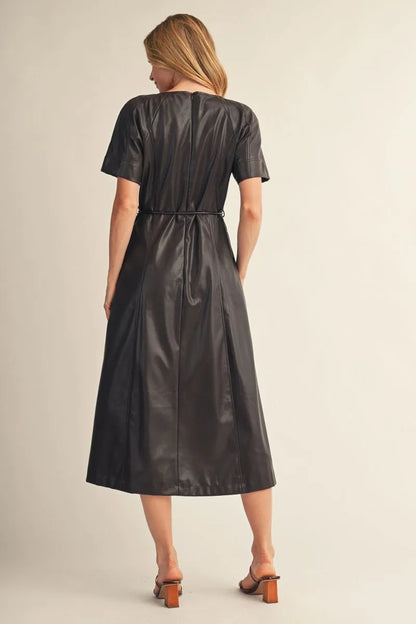 Jodifl-Short sleeves faux leather midi dress with waist tie, side pockets.