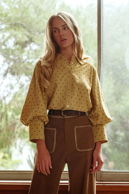 Jodifl-3/4 bishop sleeves button down tiny polka dot top.